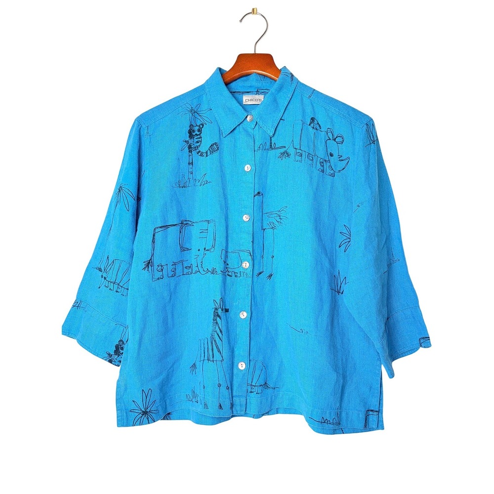 VTG Chicos 100% Linen Animal Print Art to Wear Blue Button Down Shirt Size 1 M